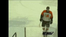 Ejected hockey player clotheslines himself with hockey stick