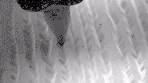 A phonograph needle moving through the groove on a record as seen under an electron