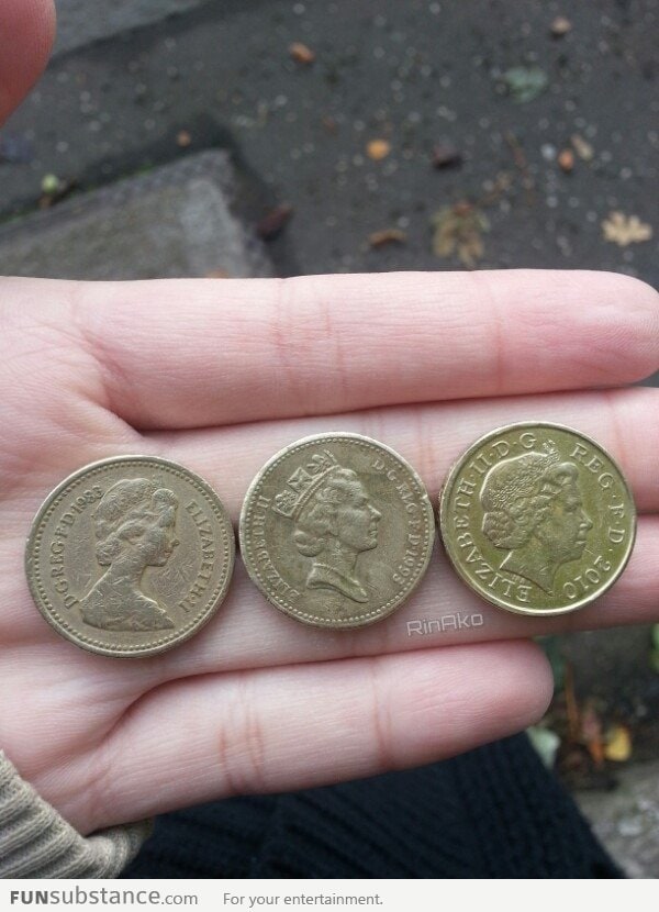 The Queen, Now and then Watch her age thru Pound coins