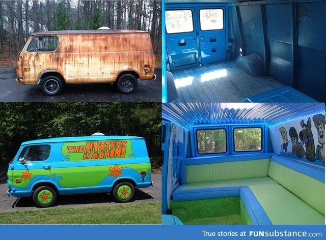 An old rusty van turned into the Mystery Machine