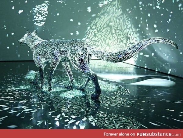 Wolf Sculpture Covered in Mirror Shards by Tomoko Konoike