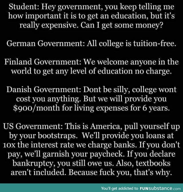 A student asks his government for money to go to college/university