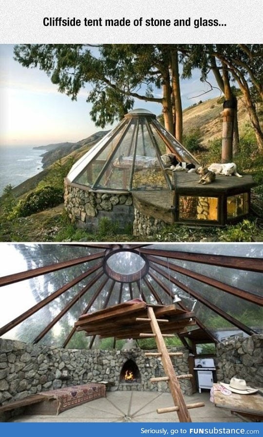 Tent by the Cliffside made of stone and glass
