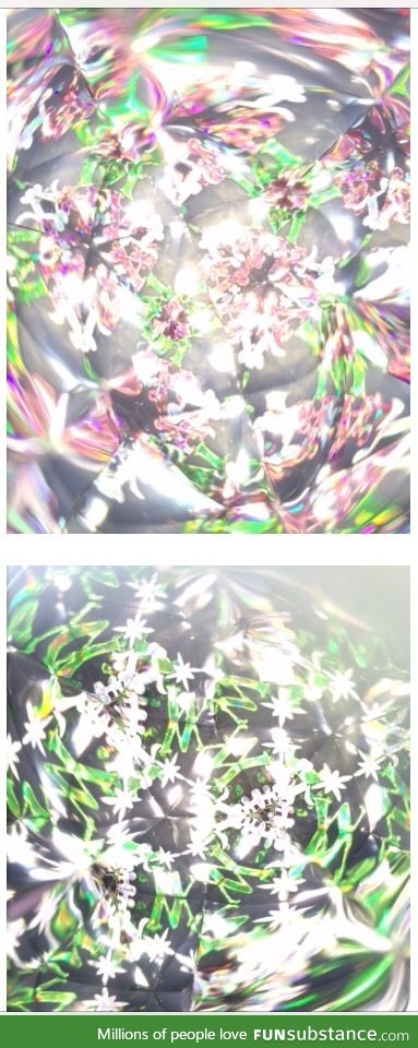 A flash photo of a glitter filled kaleidoscope.