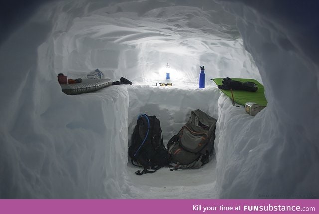 Snow cave camping setting