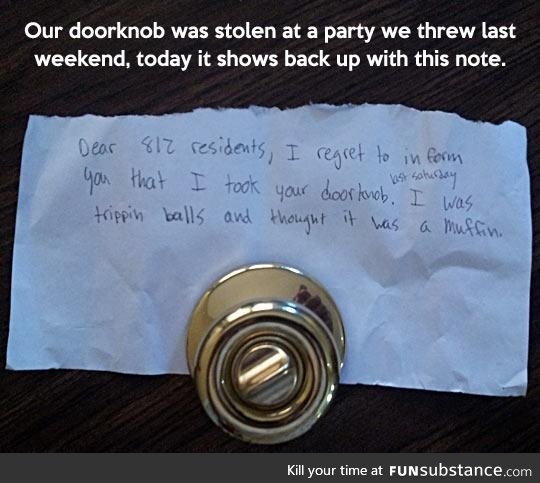 Lost doorknob finally found