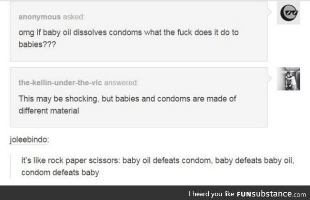 Baby, oil and condom