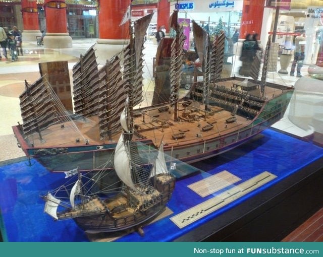 Size comparison between the Santa Maria and Chinese explorer Zheng He's ship