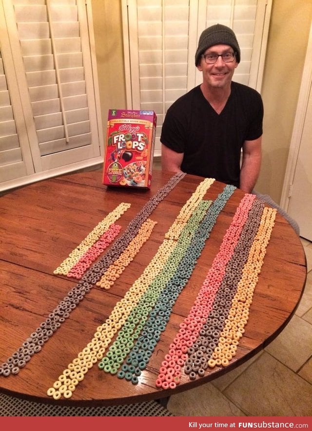 1,546 Fruit Loops. 396 purple, 318 yellow, 240 red, 225 orange, 204 blue, 163 green