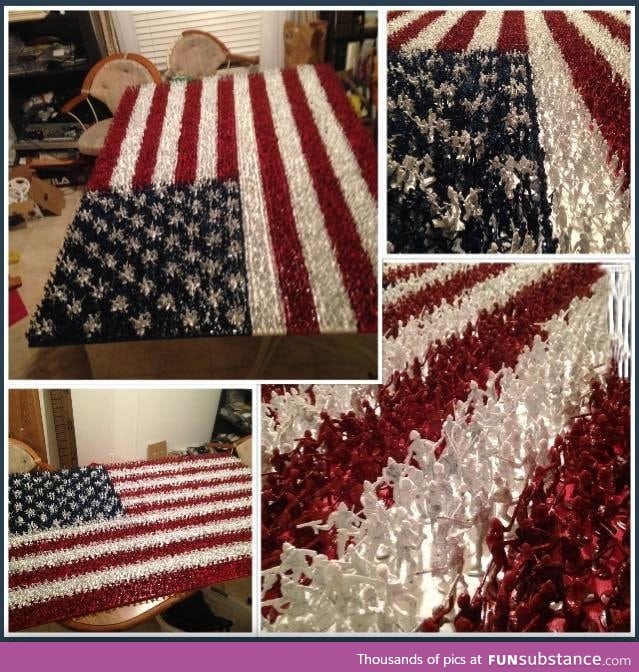 American flag made out of over 4,000 spray painted toy soldiers