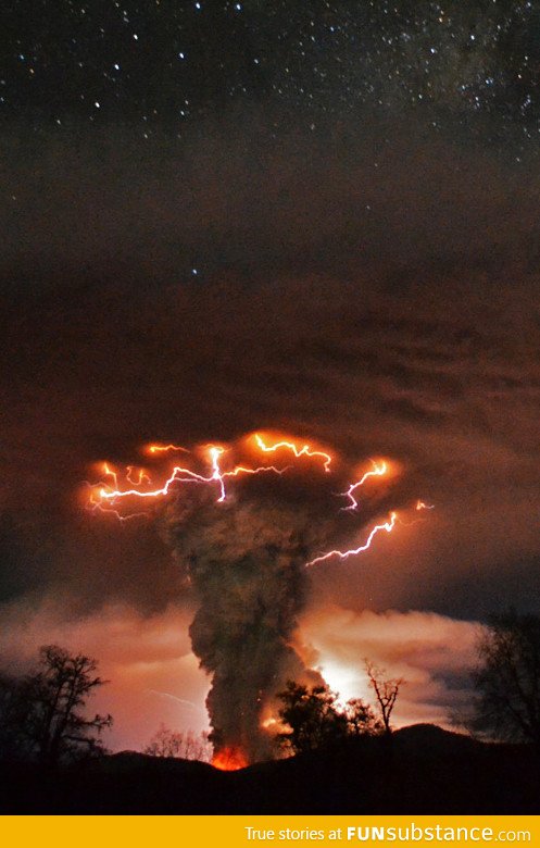 Lightning blasting down upon flumes of volcanic ash