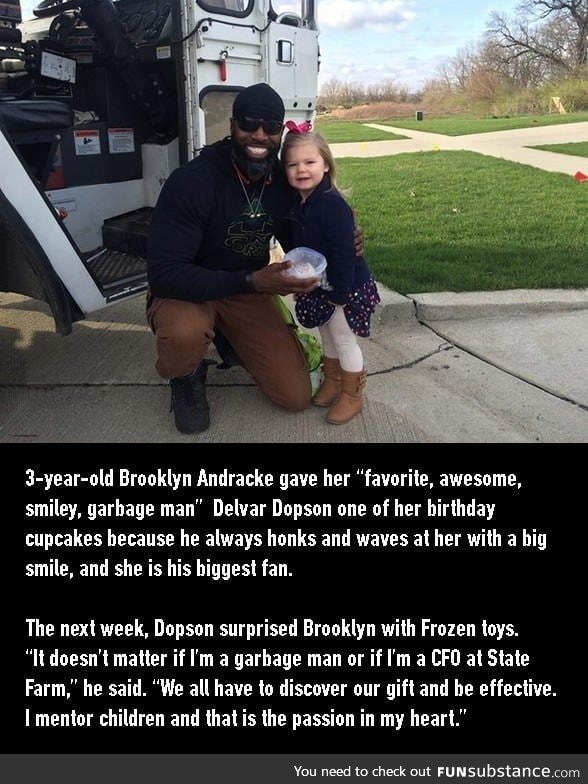 Little girl gave her birthday cupcake to her favourite garbage man