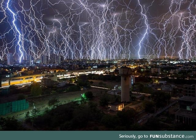 Brutal lightning barrage over Gurgaon, India on April 5. Composite of 89 exposures