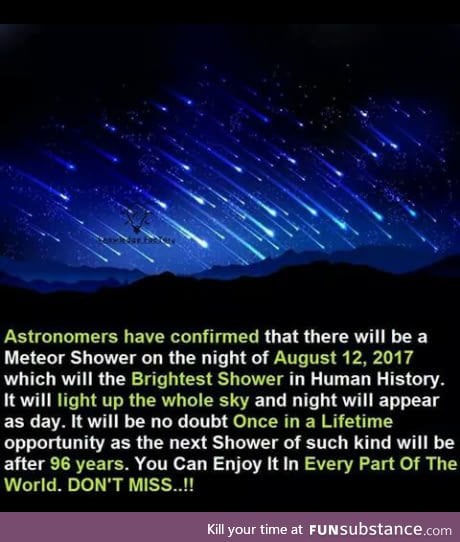 Brightest Meteor Shower on 12 August