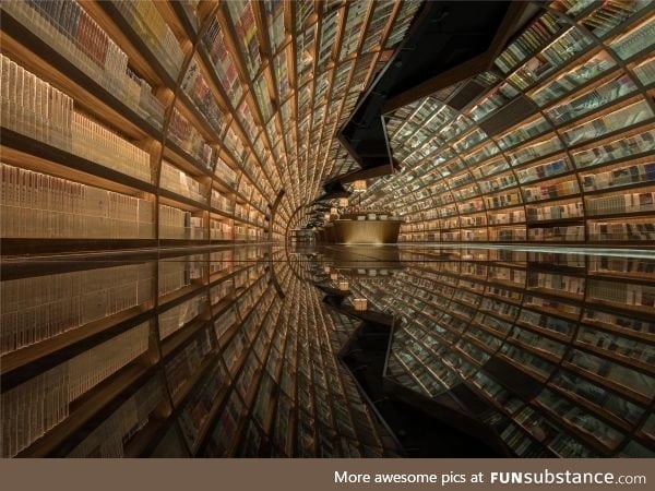Black mirrored flooring and arched shelves create the appearance of a tunnel of books