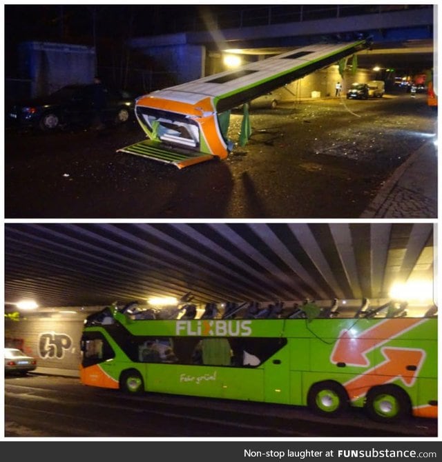 Driver turns his bus in a perfect drop-top by misjudging the height of a bridge