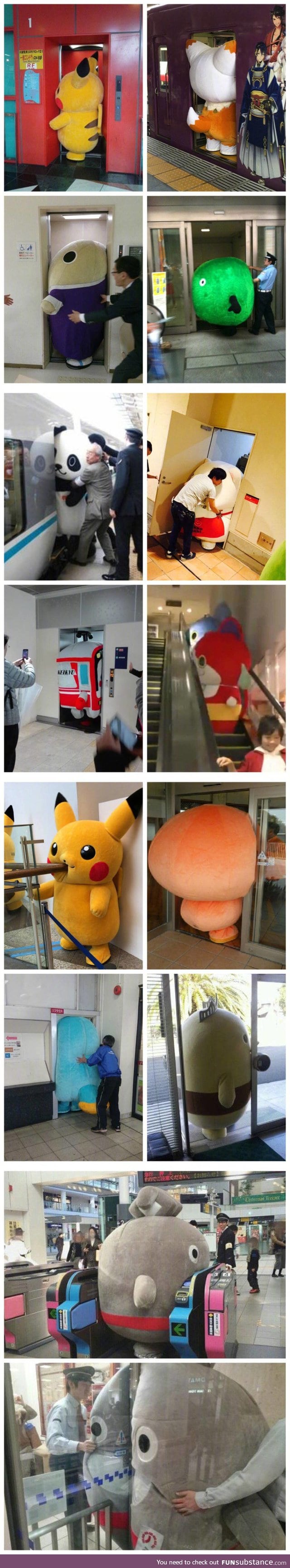 Japanese mascots getting stuck in things