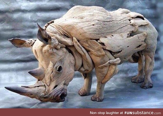 Rhino sculpture made from driftwood