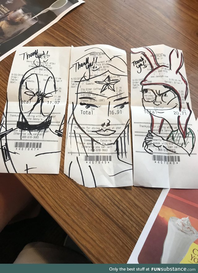 Waiter doodled on receipts at Denny’s