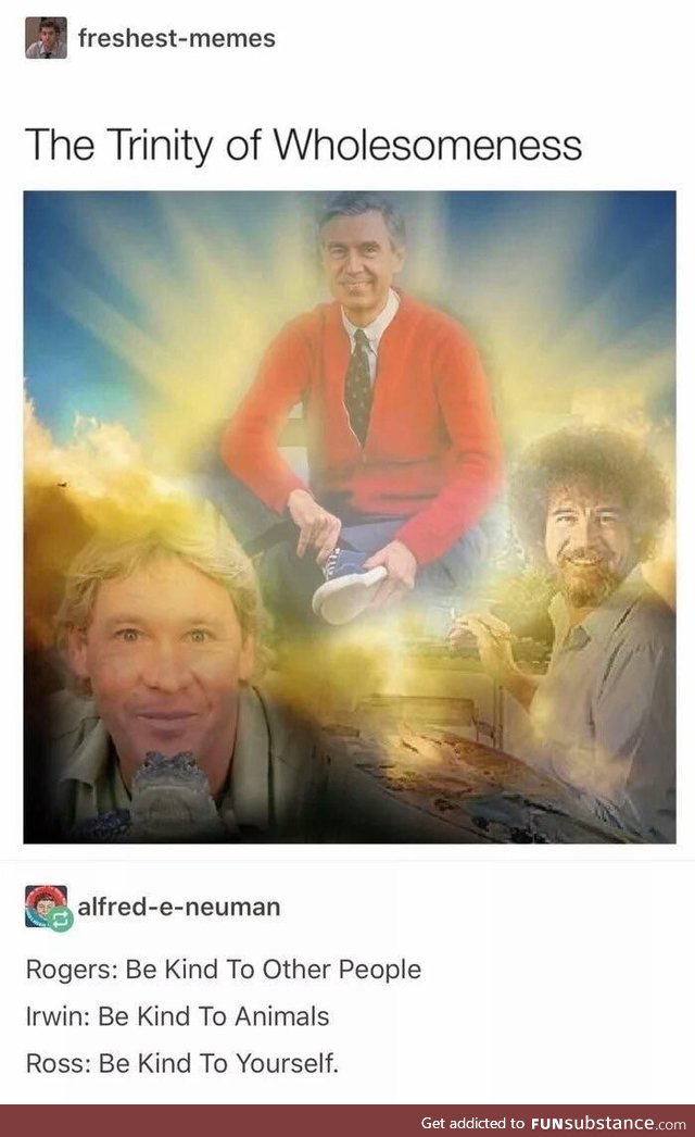 The Trinity of wholesomeness (Steve Irwin, Bob Ross, Mr. Rogers)