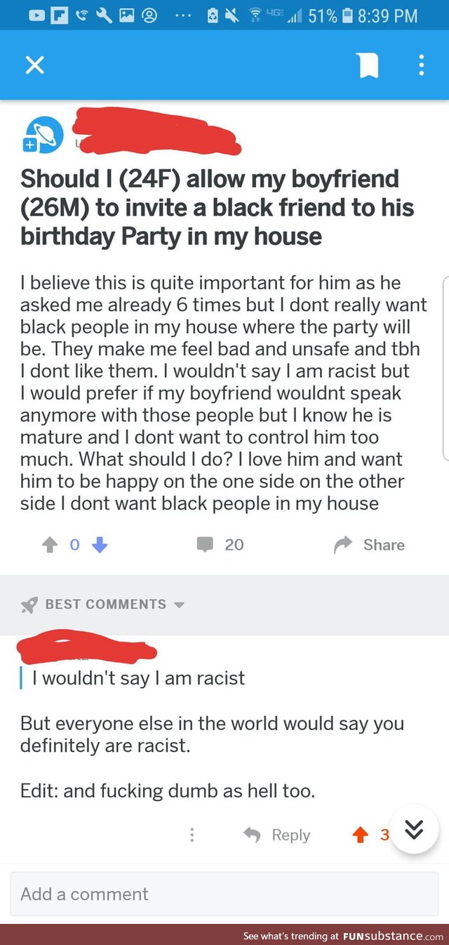 Won't allow her boyfriend to invite his friend to their party just because he's black