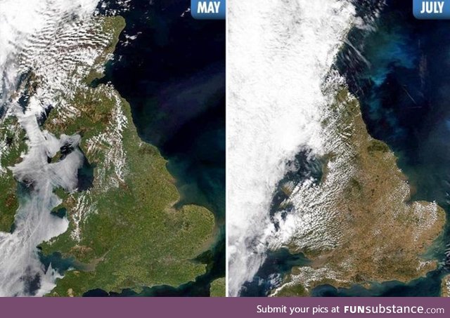 A satellite image showing the uk going from green to looking like a desert with 2 month