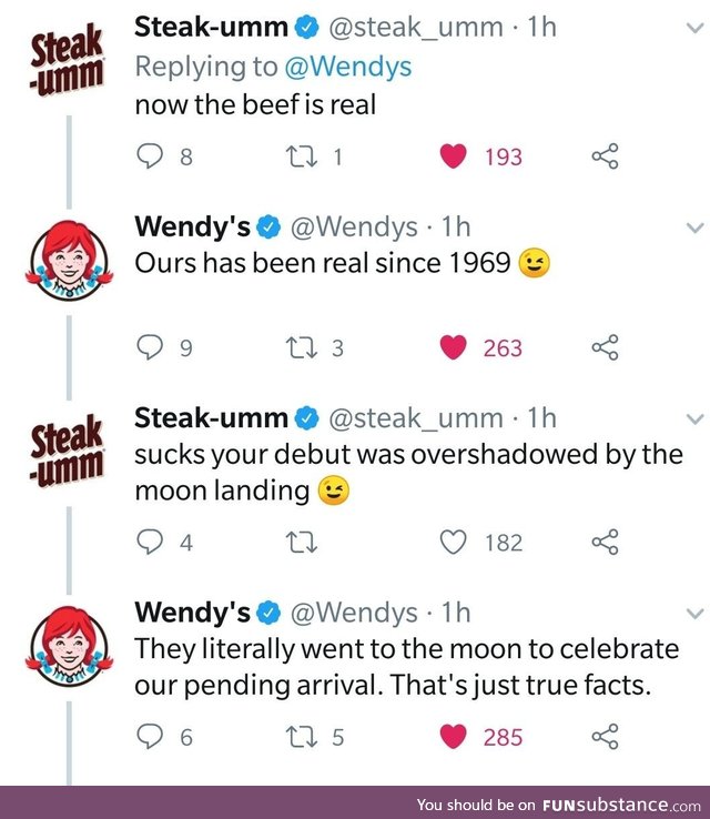 People are having poll for whose Twitter is better between Wendy's and Steak-umm. This is