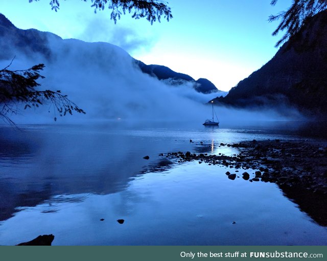 Fog rolling in near our campsite at Granite Falls, BC