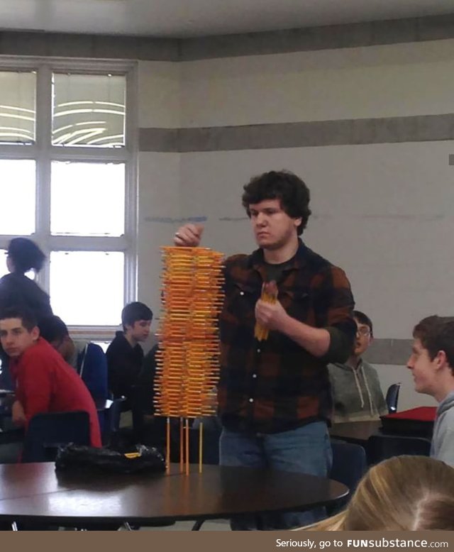 This kid at my school likes to stack pencils