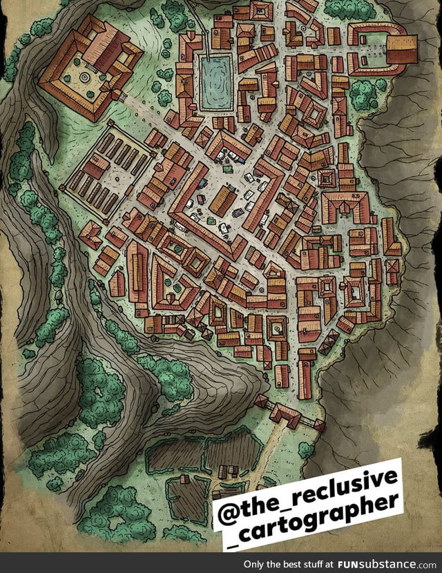 Latest DnD map I drew. Roman inspired Mountain trading town