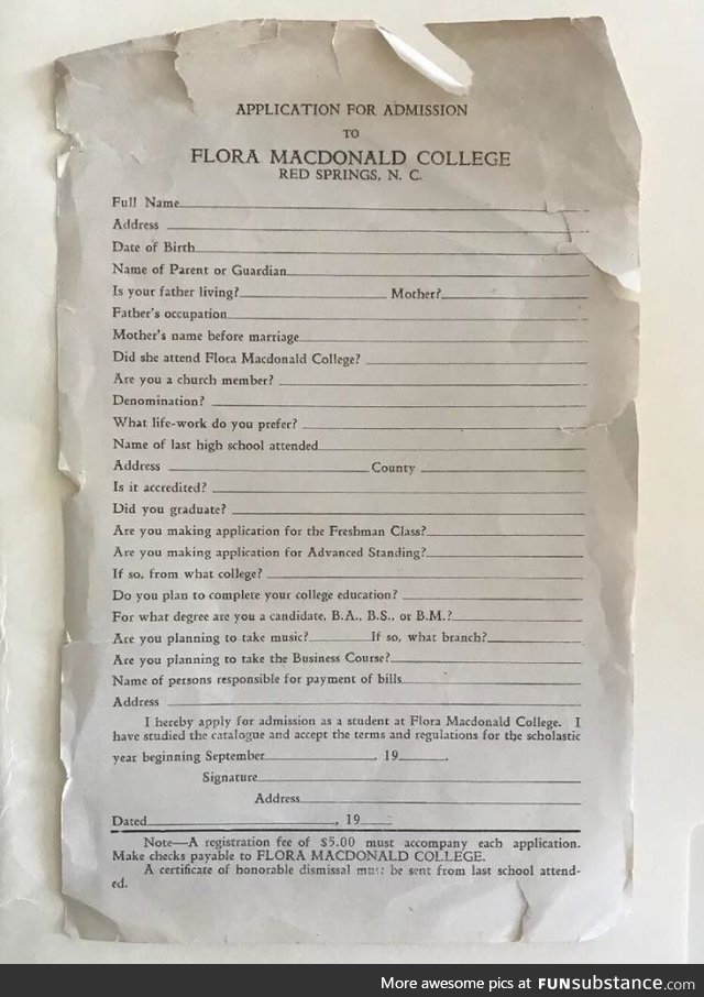 1940 college admission paperwork