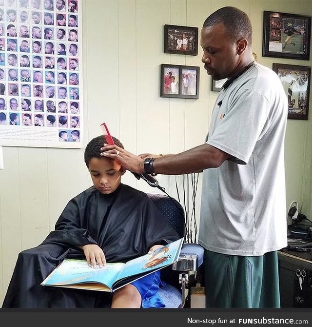 He gives kids a $2 discount if they read a book out loud during their haircut