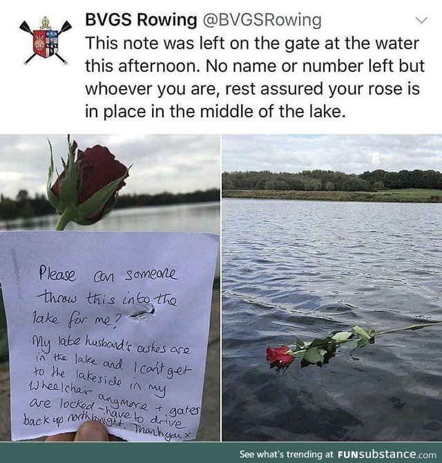 :') this person put this rose in the water for someone's late husband