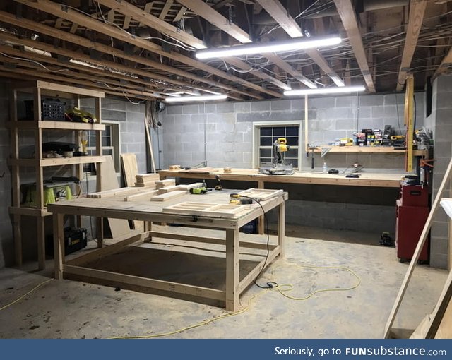 Heated basement workshop on a rainy winter night. It may not be a good book by the fire