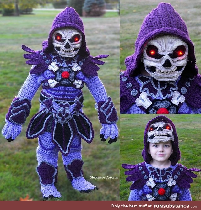 I crochet my son full body costumes, he picked Skeletor@! (Freehand/no pattern)