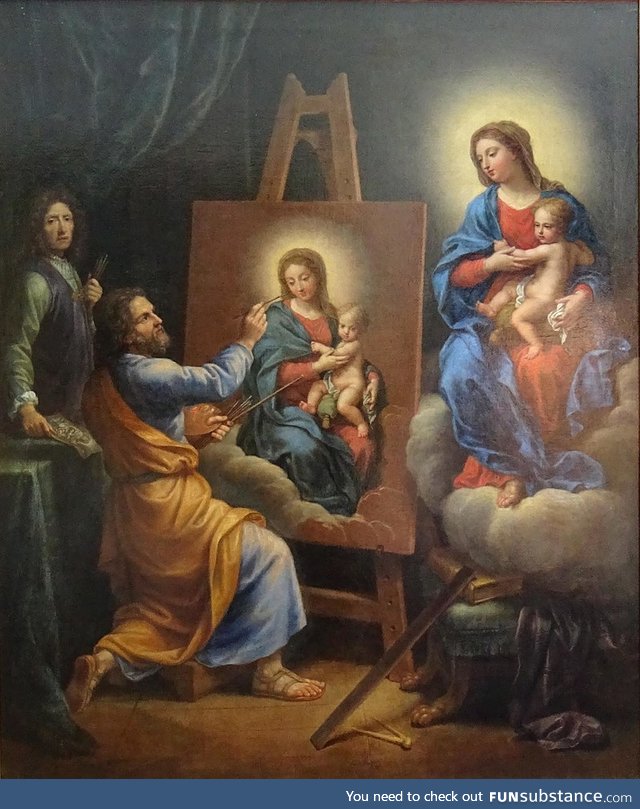 Self-portrait with Saint Luke painting the Virgin by Pierre II Mignard