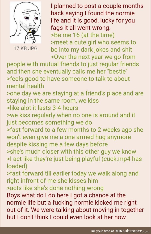 Anon was blinded by the normie life and got cucked without seeing it coming