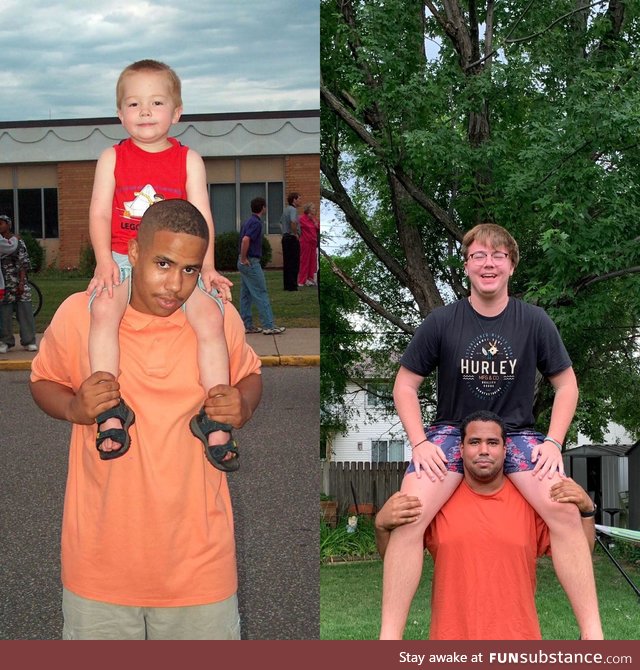Me and my cousin. 2005 and 2020. It was much more difficult to take the picture now