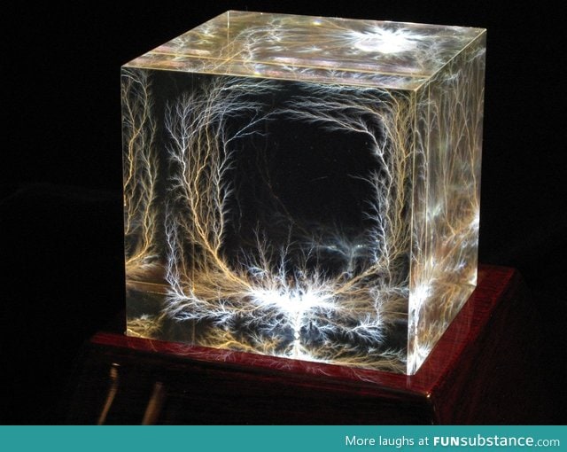 Electricity discharged into an 3 inch acrylic cube