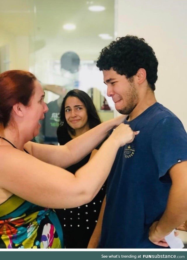 Gabriel Nobre, 19, with his mom and sister right after he found out he’d passed
