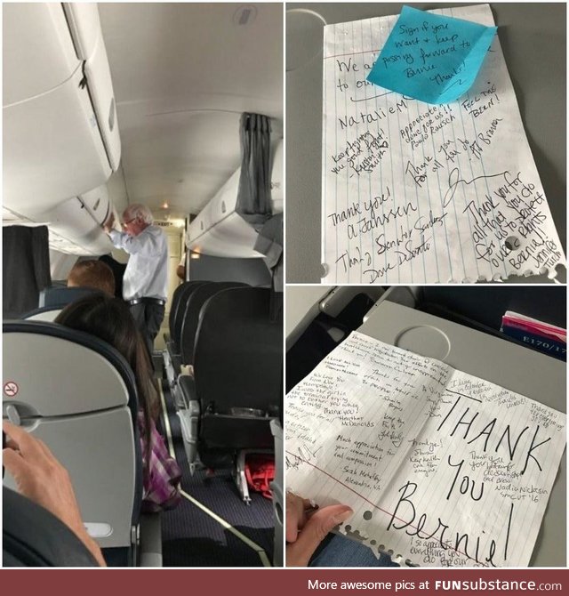 Bernie Sanders flying coach when he recieved a note from the other passengers