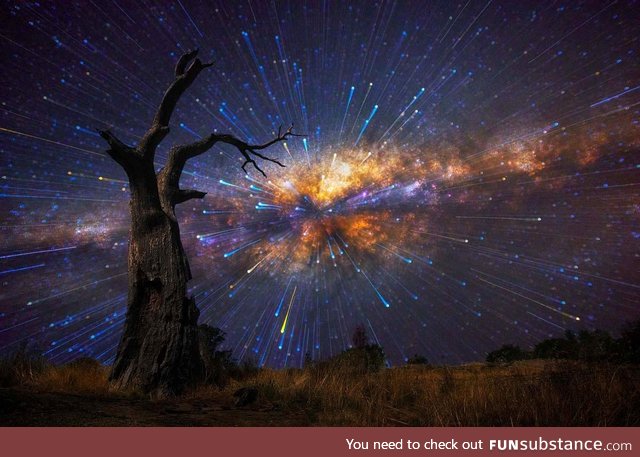 30 second exposure of night sky with zoom burst and focus pull