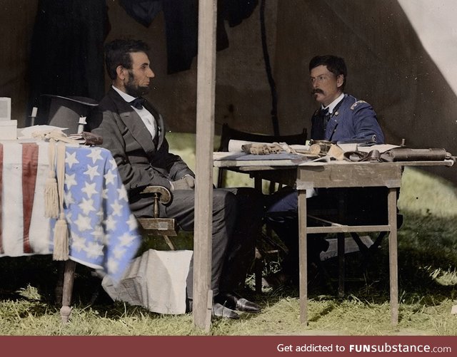 Abraham Lincoln having a meeting with General George McClellan at Antietam, October 3,