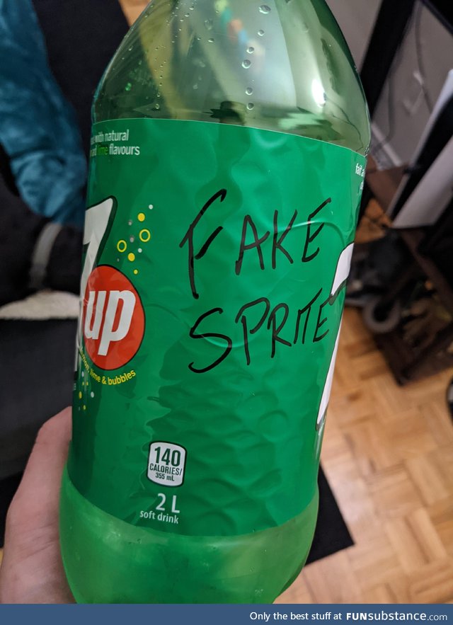 My wife wanted Sprite. I got her 7up. She wrote this on the bottle