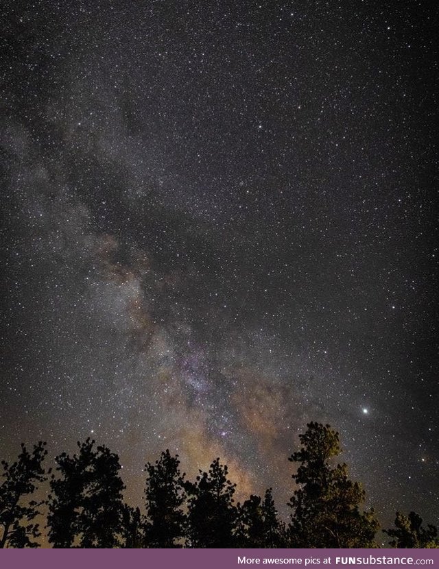 A picture I took of the galactic core and Jupiter rising over Red Feather Lakes, CO