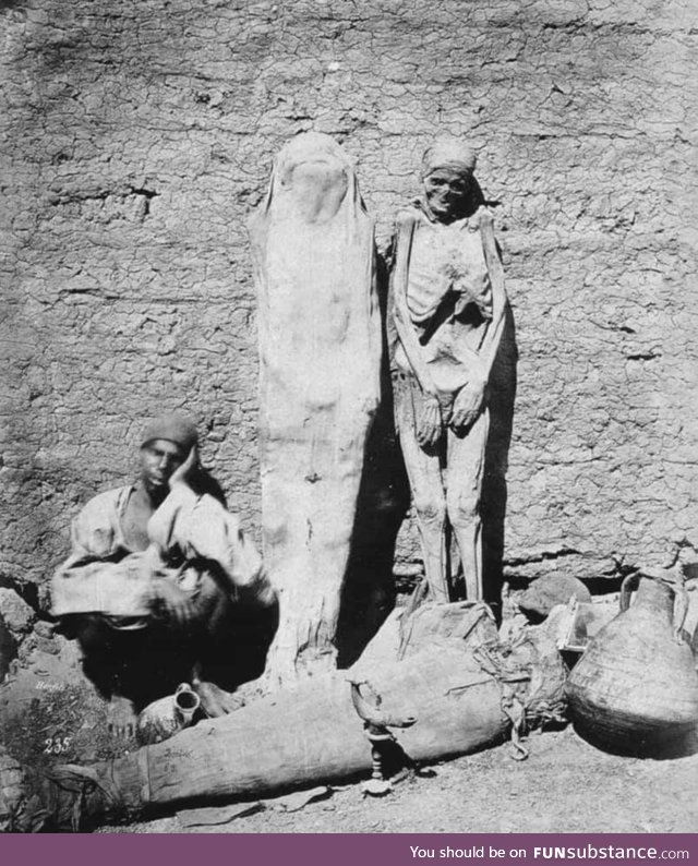 A street vendor selling mummies in Egypt, c.1865