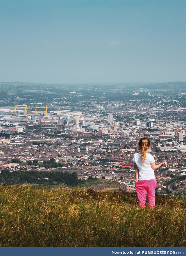 My 3yo daughter climbed near 9kms with me today to have this view over Belfast. Proud dad