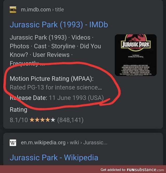 Apparently Jurassic Park is rated PG-13 for intense science