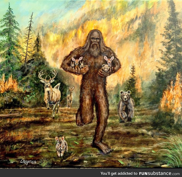 Sasquatch Saves Forest Babies, Acrylic,me,2019