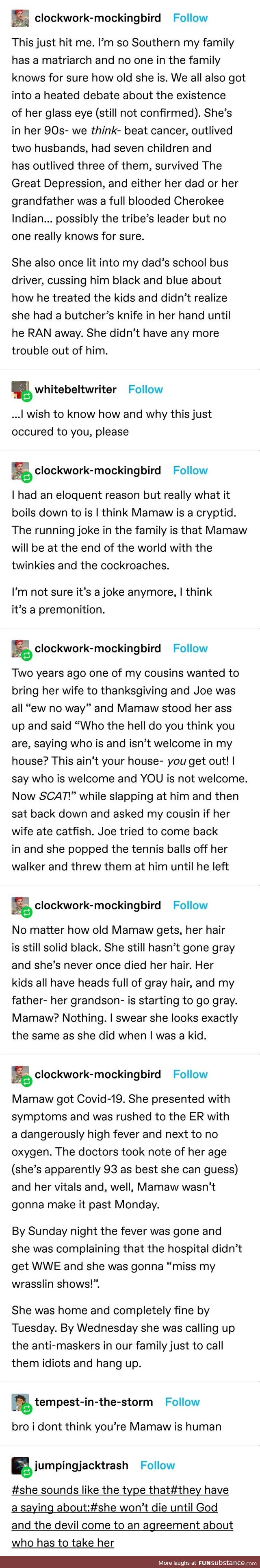 Mawmaw won't go until God and the devil decide who has to take her